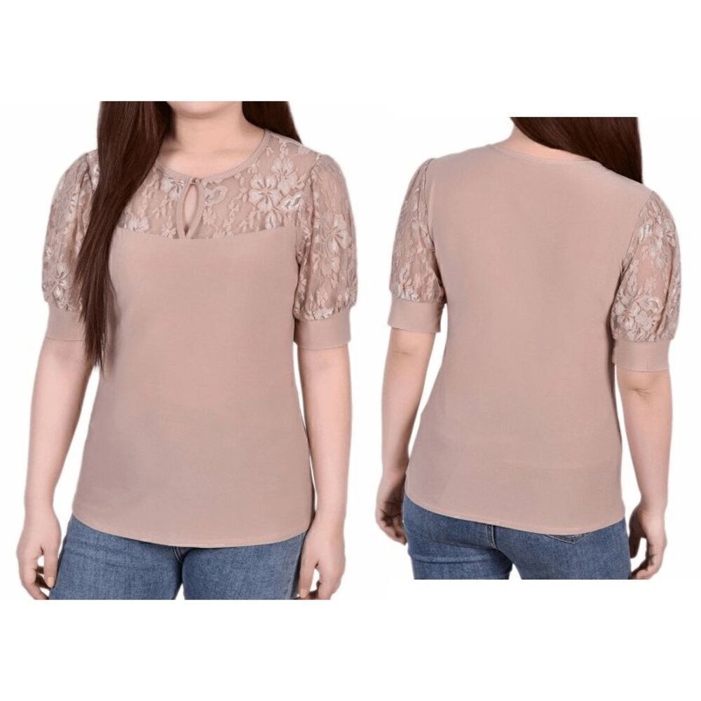 NY Collection Women's Short Puff Lace sleeve Top PL